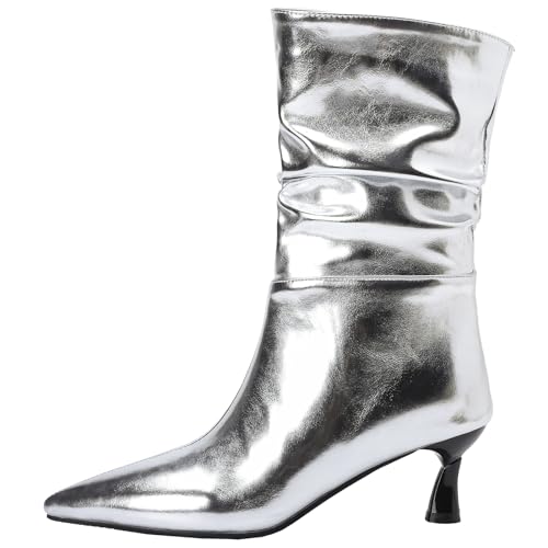 XIEPP Damen Spitztoe-Mittelschafthochstiefel, Slip-on-Schlupfboots mit Weicher, Wärmender Futterung für Herbst und Winter von XIEPP