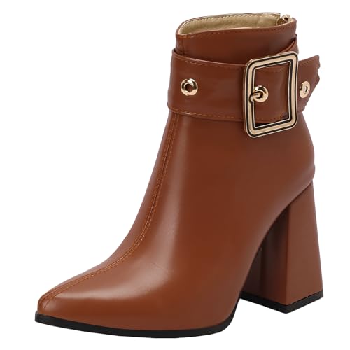 XIEPP Damen Spitztoe-Stiefeletten mit Weicher, Wärmender Futterung, Blockabsatz-Reißverschluss-Kurzstiefel für Party und Büro von XIEPP