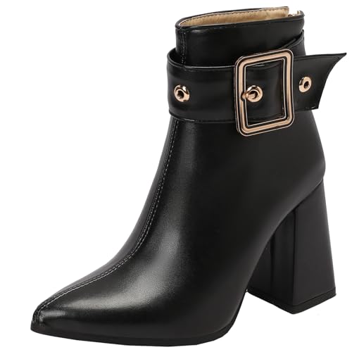 XIEPP Damen Spitztoe-Stiefeletten mit Weicher, Wärmender Futterung, Blockabsatz-Reißverschluss-Kurzstiefel für Party und Büro von XIEPP