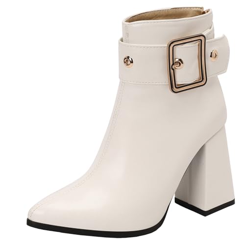 XIEPP Damen Spitztoe-Stiefeletten mit Weicher, Wärmender Futterung, Blockabsatz-Reißverschluss-Kurzstiefel für Party und Büro von XIEPP