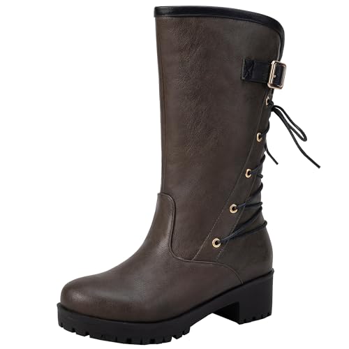 XIEPP Damen Stiefel mit Blockabsatz in Mittlerer Wade Bikerstiefel mit Runder Spitze von XIEPP