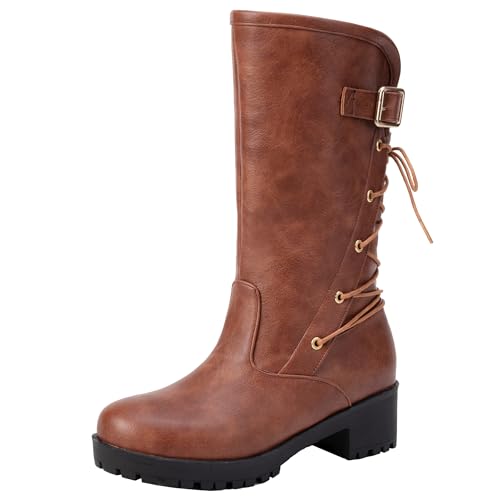 XIEPP Damen Stiefel mit Blockabsatz in Mittlerer Wade Bikerstiefel mit Runder Spitze von XIEPP