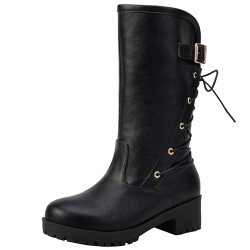 XIEPP Damen Stiefel mit Blockabsatz in Mittlerer Wade Bikerstiefel mit Runder Spitze von XIEPP
