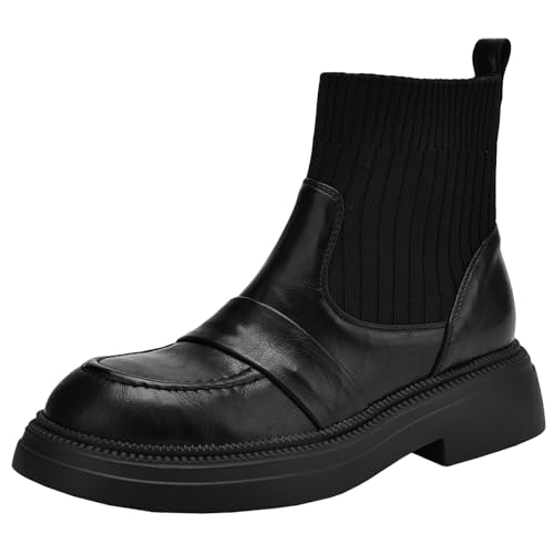 XIEPP Damen Stiefeletten, Rundtoe-Blockabsatz-Kampfstiefel, Retro-Stil – leicht kombinierbar mit Kleidern, Jeans und Röcken von XIEPP