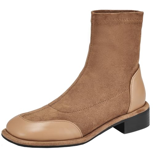 XIEPP Damen Stiefeletten Elastischer Schaft Runde Zehen Kurze Stiefel mit Niedrigem Klobigen Absatz von XIEPP