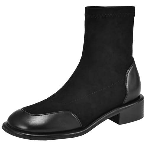 XIEPP Damen Stiefeletten Elastischer Schaft Runde Zehen Kurze Stiefel mit Niedrigem Klobigen Absatz von XIEPP