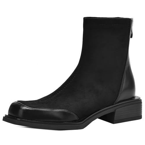 XIEPP Damen Stiefeletten Modische Quadratische Zehenpartie Niedrige Klobiger Absatz Stiefeletten mit Reißverschluss von XIEPP