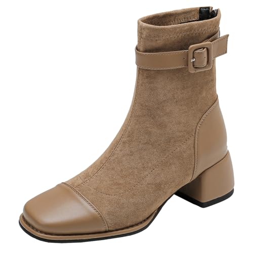 XIEPP Damen Stiefeletten Modische Quadratische Zehenpartie Stilvolle Metallschnalle Stiefeletten mit Reißverschluss von XIEPP