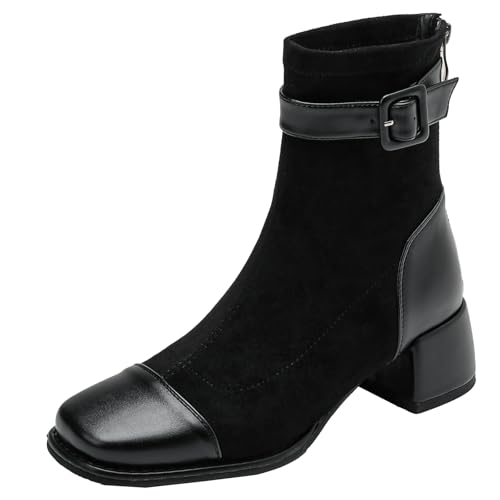 XIEPP Damen Stiefeletten Modische Quadratische Zehenpartie Stilvolle Metallschnalle Stiefeletten mit Reißverschluss von XIEPP