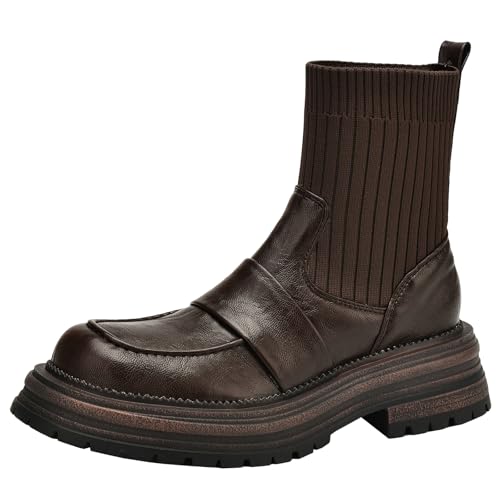 XIEPP Damen Stiefeletten Modische Runde Zehen Plateau Stiefeletten mit Slip On und Elastischem Schaft von XIEPP