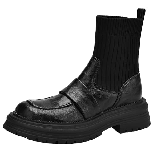XIEPP Damen Stiefeletten Modische Runde Zehen Plateau Stiefeletten mit Slip On und Elastischem Schaft von XIEPP