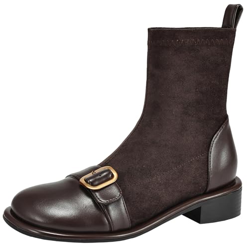 XIEPP Damen Stiefeletten Slip-On-Stiefeletten mit Stilvollem Patchwork-Obermaterial Bequemer Elastischer Schaft von XIEPP