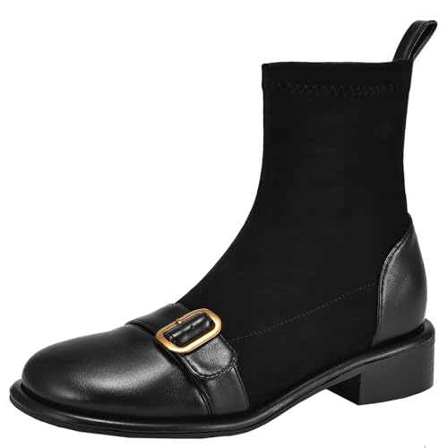 XIEPP Damen Stiefeletten Slip-On-Stiefeletten mit Stilvollem Patchwork-Obermaterial Bequemer Elastischer Schaft von XIEPP