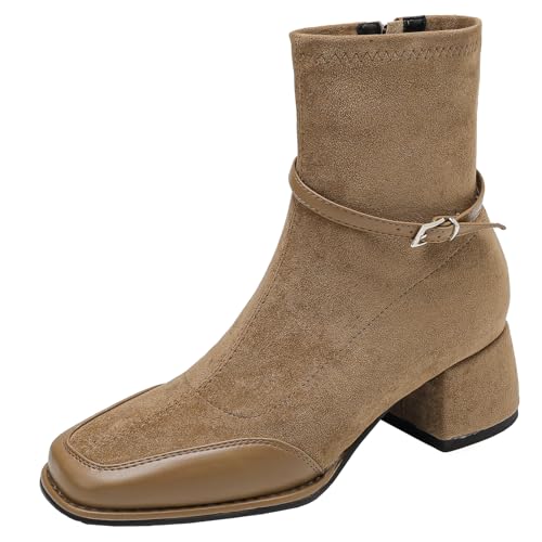 XIEPP Damen Stiefeletten mit Quadratischer Zehenpartie Kurze Stiefel mit Blockabsatz und Modischer Metallschnalle und Reißverschluss von XIEPP