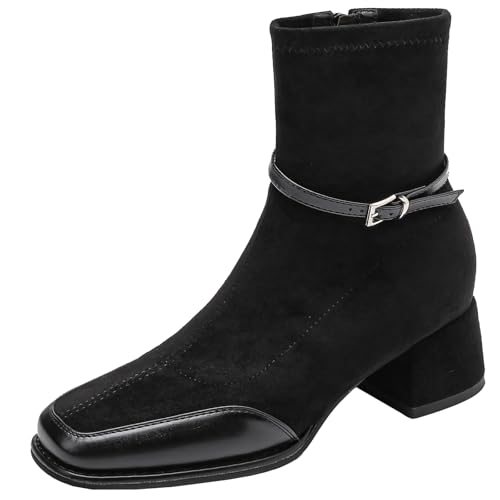XIEPP Damen Stiefeletten mit Quadratischer Zehenpartie Kurze Stiefel mit Blockabsatz und Modischer Metallschnalle und Reißverschluss von XIEPP