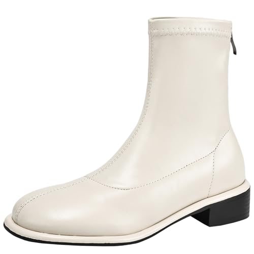 XIEPP Damen Stiefeletten mit Runder Zehe Einfache Einfarbige Stiefeletten mit Reißverschluss und Niedrigem Blockabsatz von XIEPP