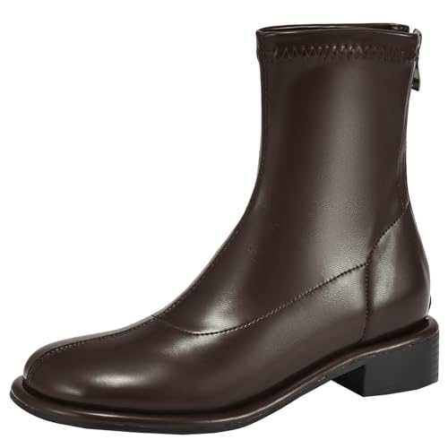 XIEPP Damen Stiefeletten mit Runder Zehe Einfache Einfarbige Stiefeletten mit Reißverschluss und Niedrigem Blockabsatz von XIEPP