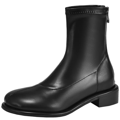 XIEPP Damen Stiefeletten mit Runder Zehe Einfache Einfarbige Stiefeletten mit Reißverschluss und Niedrigem Blockabsatz von XIEPP