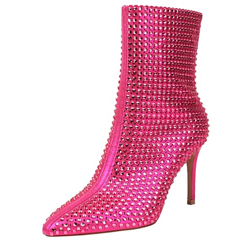 XIEPP Damen Stiefeletten mit Spitzer Zehenpartie Stiefeletten mit Stilettoabsatz und Reißverschluss und Strass von XIEPP