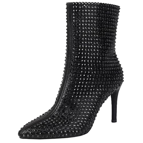 XIEPP Damen Stiefeletten mit Spitzer Zehenpartie Stiefeletten mit Stilettoabsatz und Reißverschluss und Strass von XIEPP