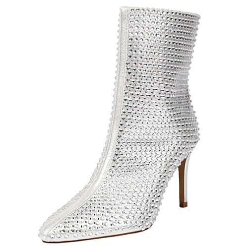 XIEPP Damen Stiefeletten mit Spitzer Zehenpartie Stiefeletten mit Stilettoabsatz und Reißverschluss und Strass von XIEPP