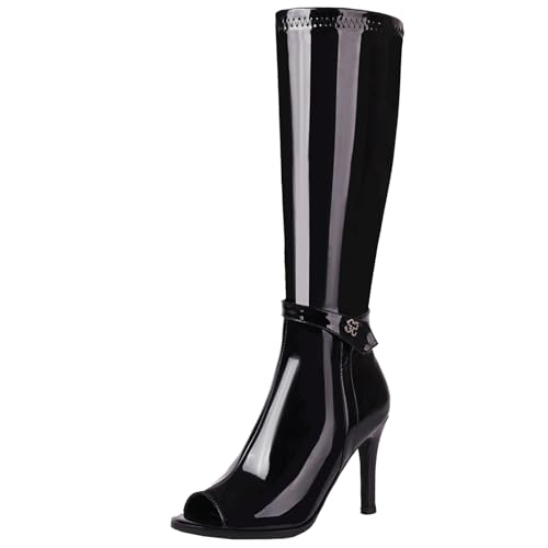 XIEPP Damen Stiletto Heel Reißverschluss Kniehohe Stiefel Summer Style mit Offener Spitze von XIEPP