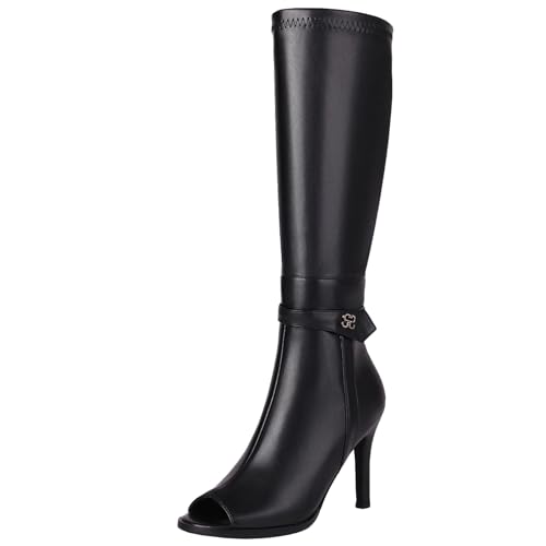 XIEPP Damen Stiletto Heel Reißverschluss Kniehohe Stiefel Summer Style mit Offener Spitze von XIEPP