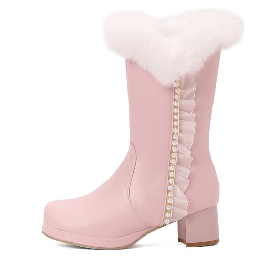 XIEPP Damen Sweet Blockabsatz Mittelhohe Stiefel Warme Winterstiefel mit Perlenstickerei und Spitze von XIEPP