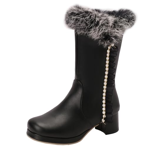 XIEPP Damen Sweet Blockabsatz Mittelhohe Stiefel Warme Winterstiefel mit Perlenstickerei und Spitze von XIEPP