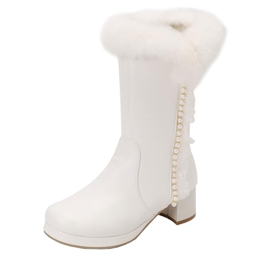 XIEPP Damen Sweet Blockabsatz Mittelhohe Stiefel Warme Winterstiefel mit Perlenstickerei und Spitze von XIEPP