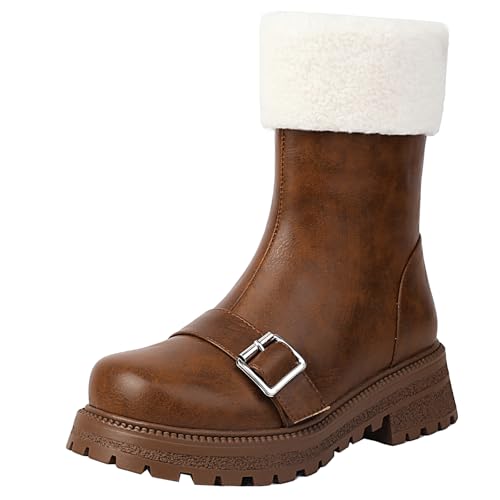XIEPP Damen Winter Stiefeletten mit Runder Zehenpartie, Plateau-Kampfstiefel mit Blockabsatz und Reißverschluss von XIEPP