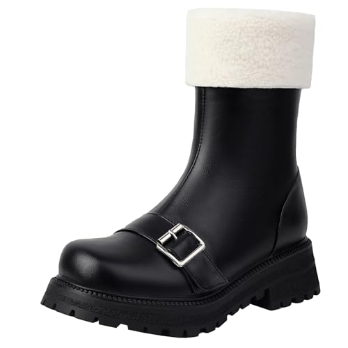 XIEPP Damen Winter Stiefeletten mit Runder Zehenpartie, Plateau-Kampfstiefel mit Blockabsatz und Reißverschluss von XIEPP