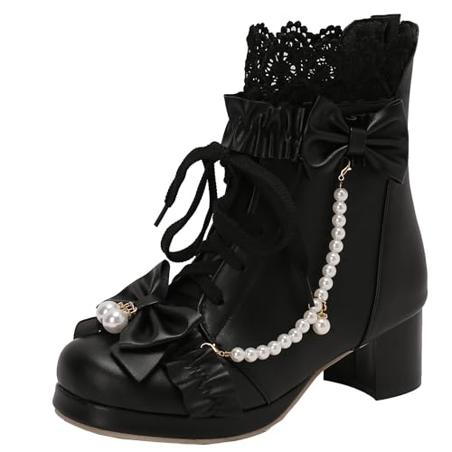 XIEPP Damen süße Schnürstiefeletten Reißverschluss Ankleid Schuhe mit Schleifen und Spitze von XIEPP