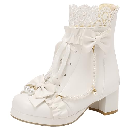 XIEPP Damen süße Schnürstiefeletten Reißverschluss Ankleid Schuhe mit Schleifen und Spitze von XIEPP