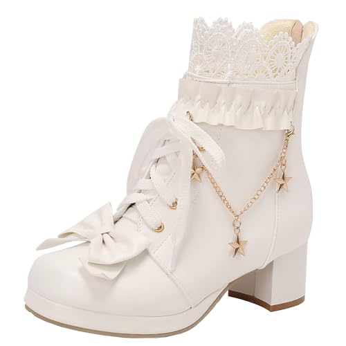 XIEPP Damen süße Stiefeletten Reißverschluss Ankleid Schuhe mit Perlen und Spitze von XIEPP