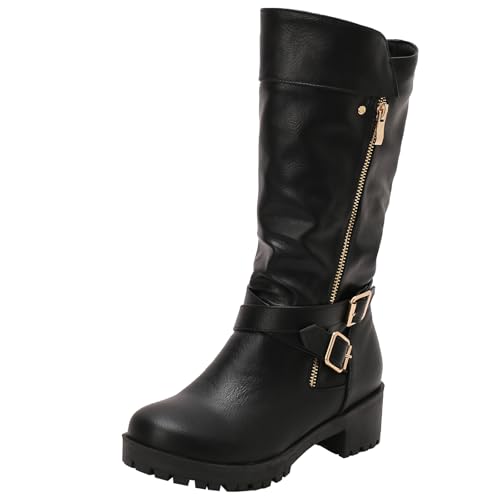 XIEPP Damenstiefel mit Blockabsatz und Mittlerer Wade, Runder Zehenpartie und Schnallendesign für Lässige Outfits von XIEPP