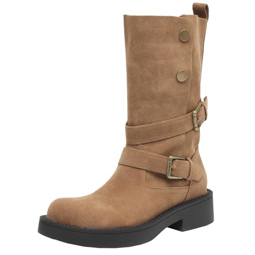 XIEPP Damenstiefel mit Mittelhohem Schnallen, Slip-On und Komfortablem Blockabsatz von XIEPP