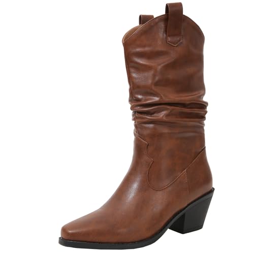 XIEPP Damenstiefel mit Mittelhohem Wadenabsatz und Slip-On Kreieren Personalisierte Herbst- und Winterlooks von XIEPP