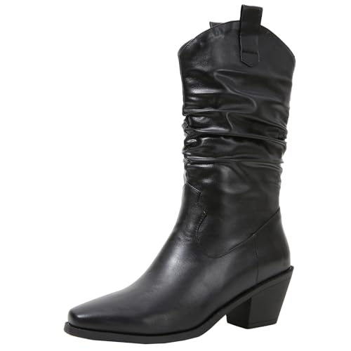 XIEPP Damenstiefel mit Mittelhohem Wadenabsatz und Slip-On Kreieren Personalisierte Herbst- und Winterlooks von XIEPP