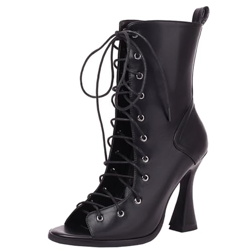 XIEPP Einfarbige Sommer-Schnürstiefeletten für Damen – offene Spitze mit Ausschnitten, Reißverschluss von XIEPP