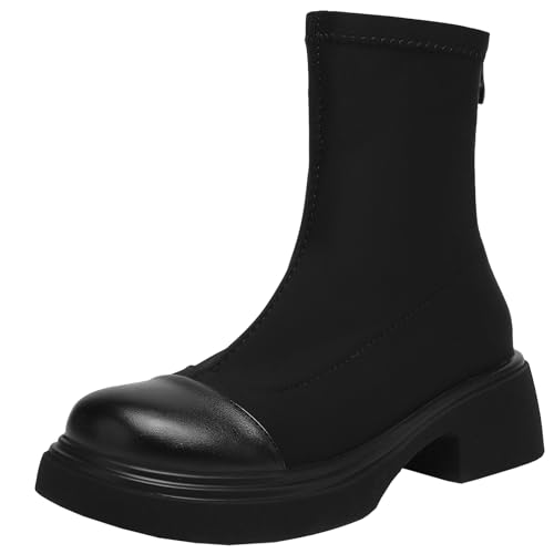XIEPP Elastische Damenstiefeletten mit Runder Zehenpartie Stiefeletten mit Reißverschluss mit Blockabsatz für Herbst und Winter von XIEPP