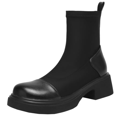 XIEPP Elastische Slip-on-Stiefeletten für Damen Plateaustiefeletten mit Runder Zehenpartie und Blockabsatz von XIEPP