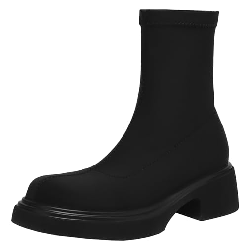 XIEPP Elastische Slip-on-Stiefeletten für Damen Stiefeletten mit Blockabsatz für Street-/Retro-Looks von XIEPP