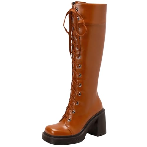 XIEPP Kniehohe Damen Stiefel Bequem Modisch Klobiger Absatz Verstellbare Schnürung Bikerstiefel Weich Pflegeleicht von XIEPP