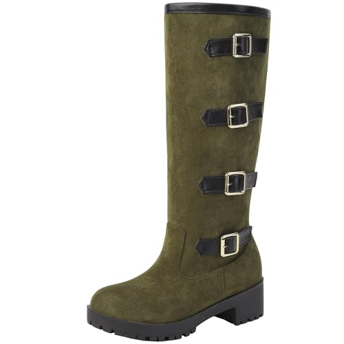 XIEPP Kniehohe Damen Stiefel Bequeme Bikerstiefel mit Klobigen Absatz und Slip On von XIEPP