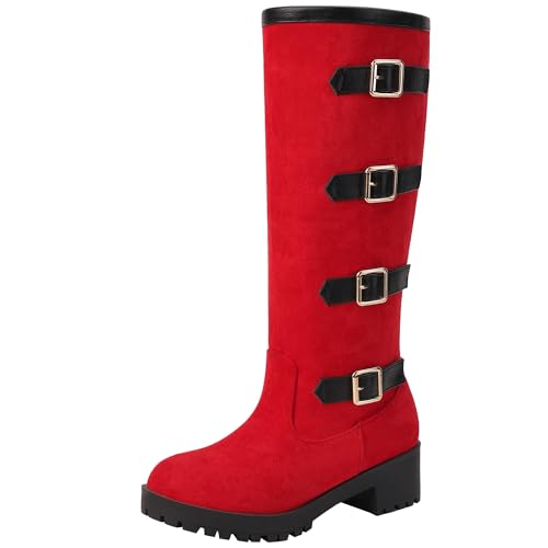 XIEPP Kniehohe Damen Stiefel Bequeme Bikerstiefel mit Klobigen Absatz und Slip On von XIEPP