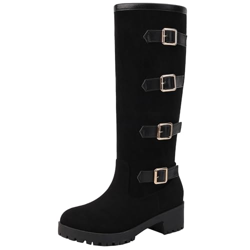 XIEPP Kniehohe Damen Stiefel Bequeme Bikerstiefel mit Klobigen Absatz und Slip On von XIEPP