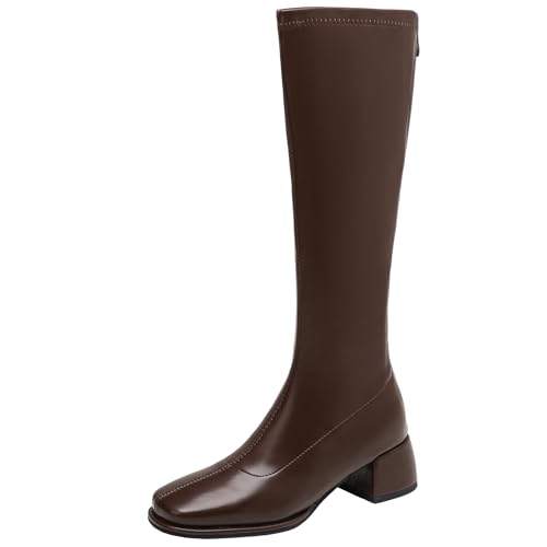 XIEPP Kniehohe Damen Stiefel mit Blockabsatz Lange Stiefel mit Quadratischer Zehenpartie und Reißverschluss von XIEPP
