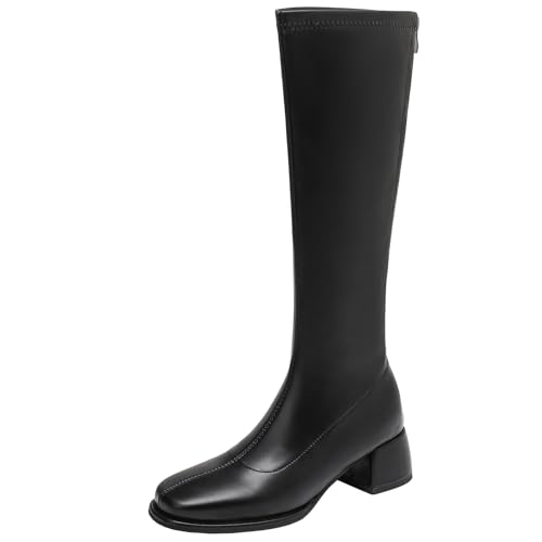 XIEPP Kniehohe Damen Stiefel mit Blockabsatz Lange Stiefel mit Quadratischer Zehenpartie und Reißverschluss von XIEPP