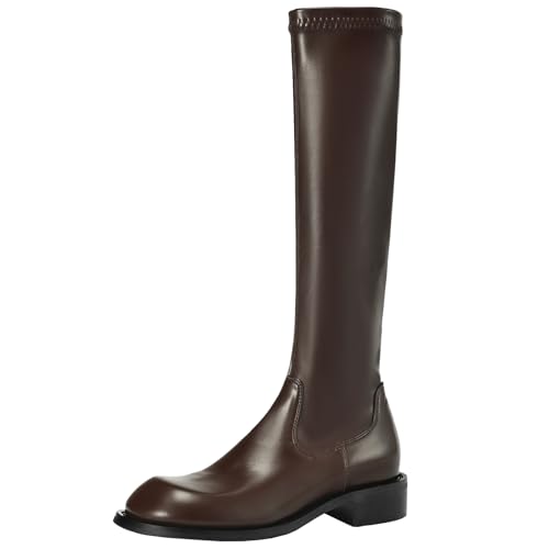 XIEPP Kniehohe Damen Stiefel mit Blockabsatz und Runder Spitze und Reißverschluss von XIEPP